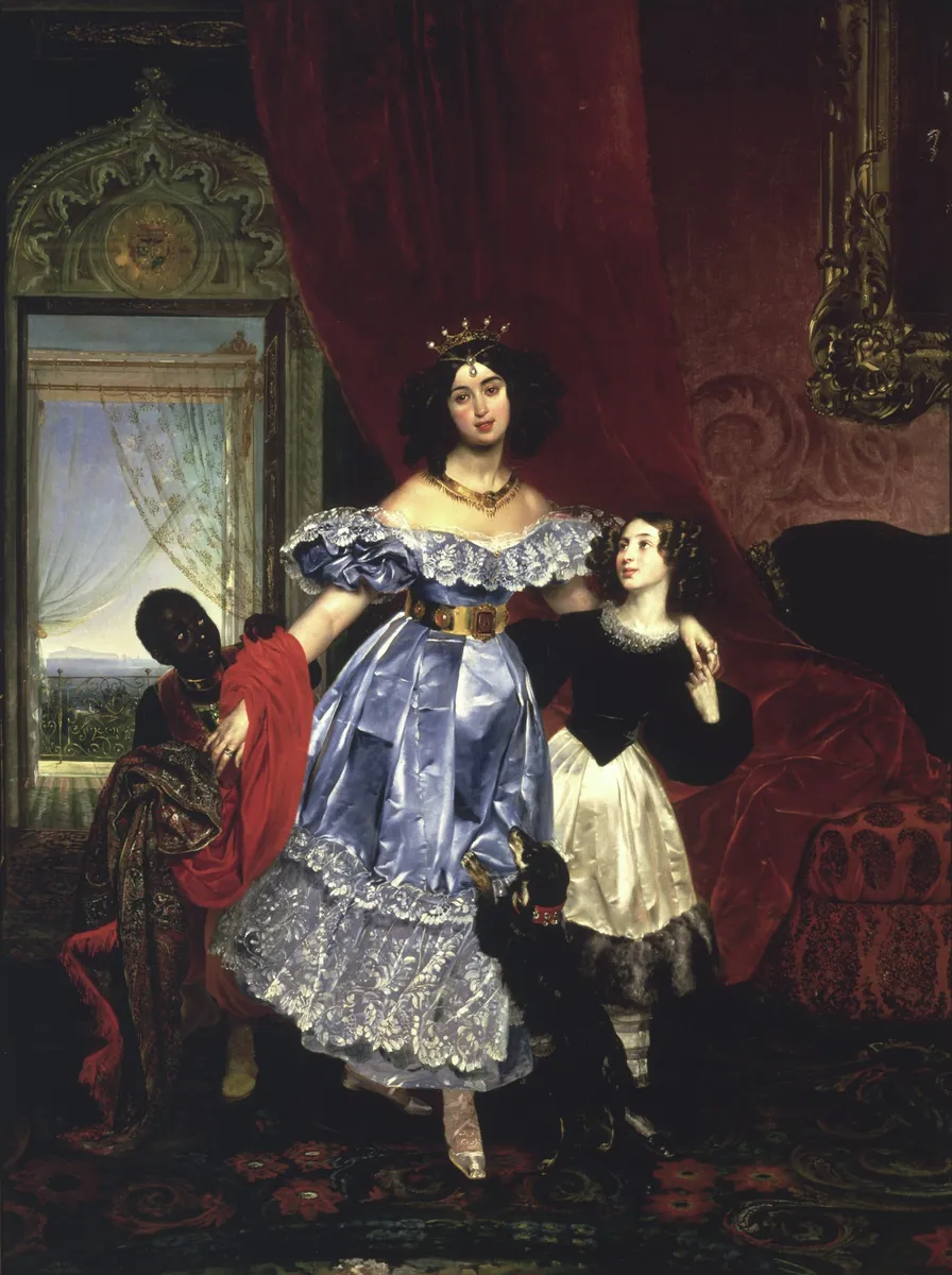 A countess in a white gown and a claret shawl, arm in arm with her adopted daughter, stepping forward from a lit ballroom.