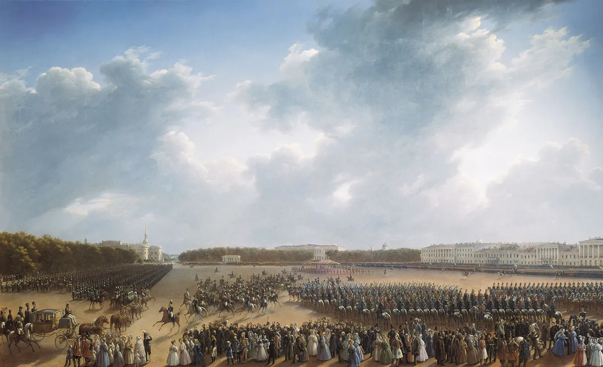 Ranks of the Imperial Guard drawn up in long, even lines across a wide parade ground, with crowds and palaces beyond.