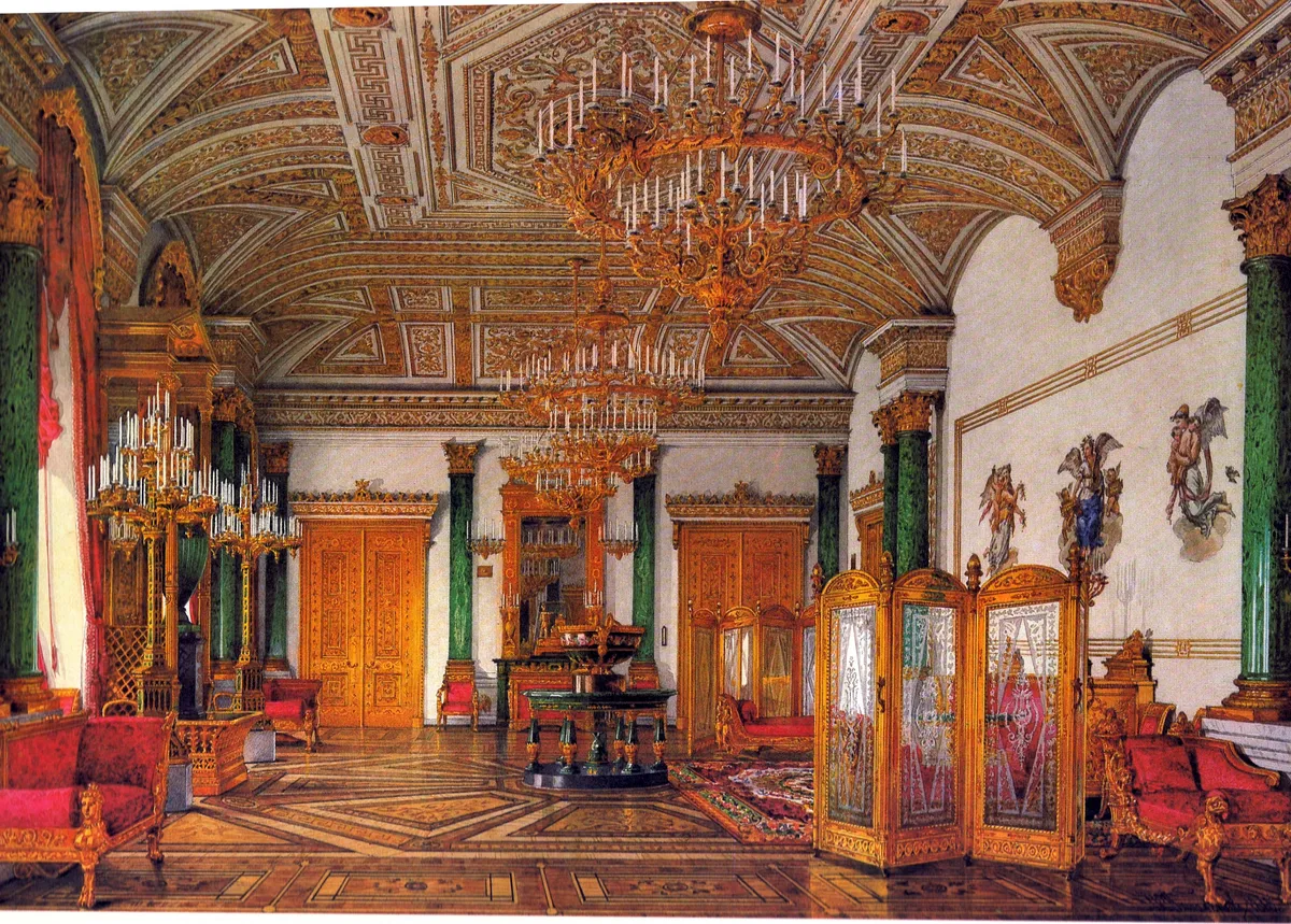A watercolor of the Malachite Room in the Winter Palace: green malachite columns and gilt doors under a gilded ceiling.