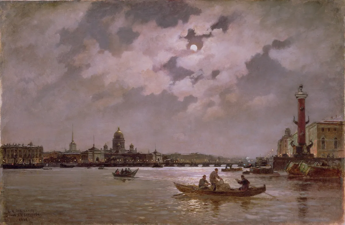 The Neva at night under a full moon, with the Admiralty spire and the embankment in silhouette and boats on the water.