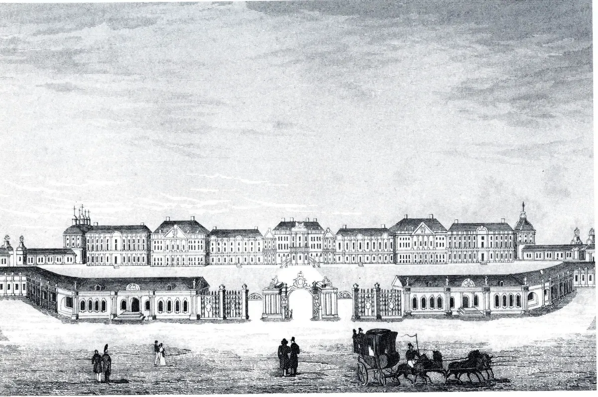 An engraved view of the long façade of the Catherine Palace at Tsarskoye Selo, seen across its parade ground.