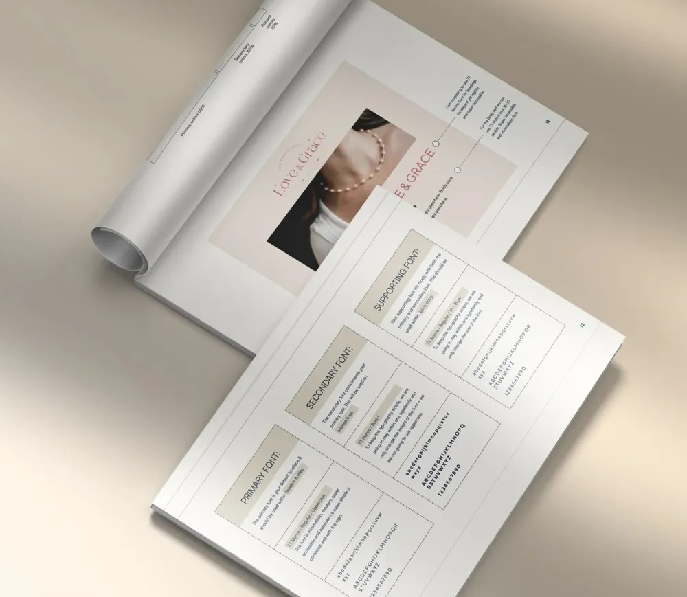 Pages of the Love & Grace brand book showing product layouts.