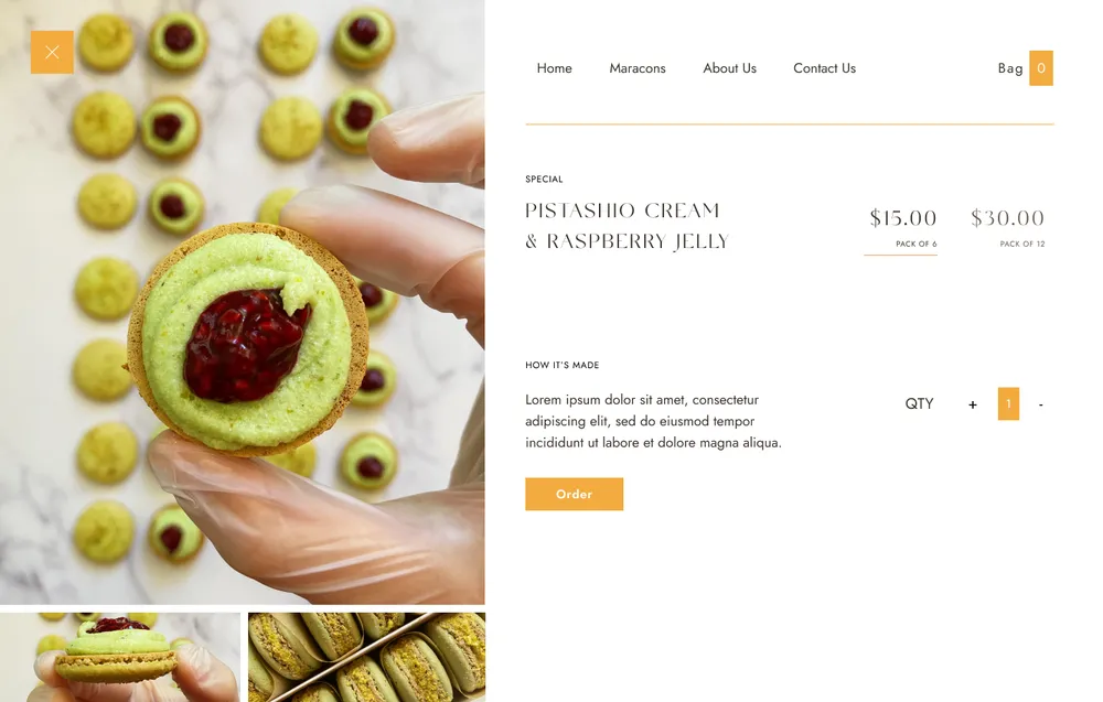An Omi Bakery product page for a pistachio cream and raspberry jelly macaron.