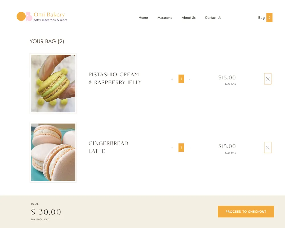 The Omi Bakery shopping bag page with two items.