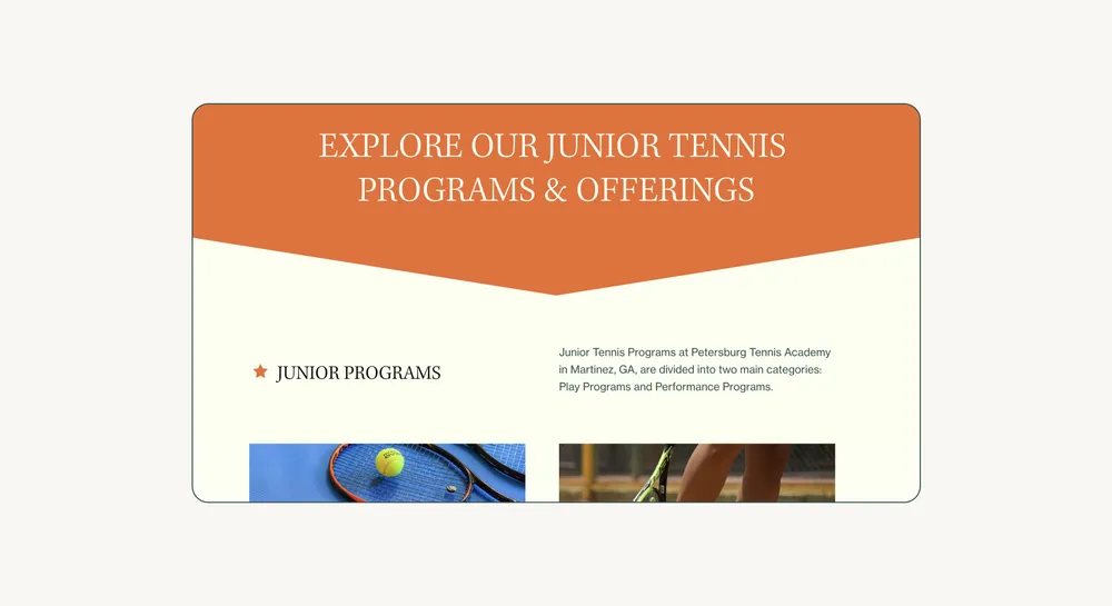 A page of the academy website: junior tennis programs and offerings under an orange banner.
