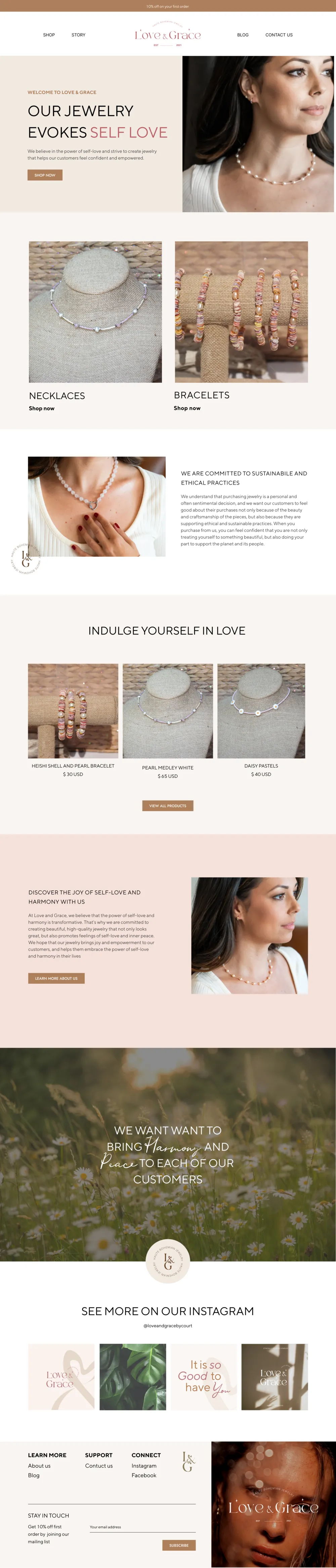 The full Love & Grace home page: jewelry collections, a note on ethical practices and an Instagram feed.