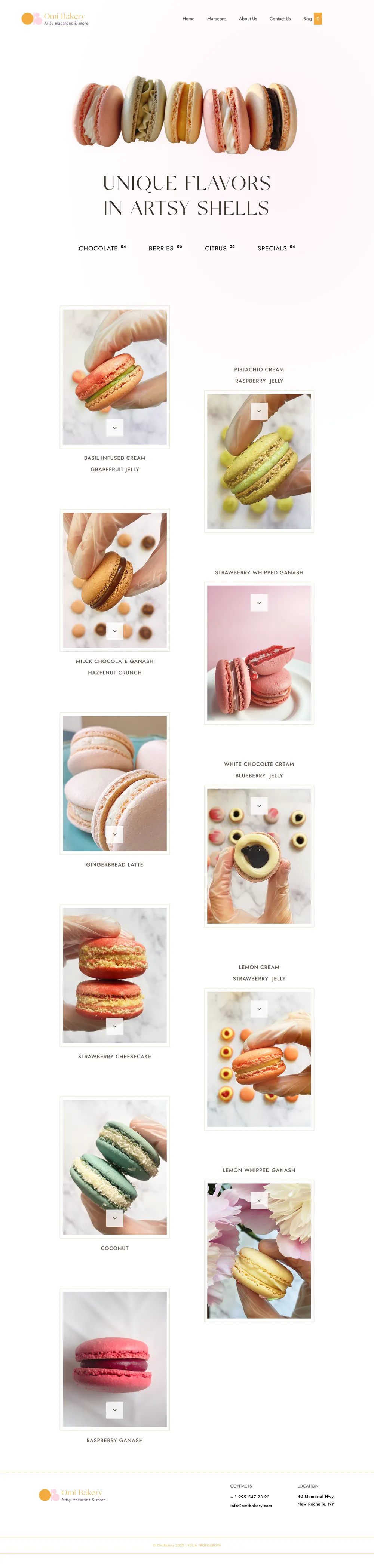 The full Omi Bakery macarons page: a grid of flavors, each photographed in hand.