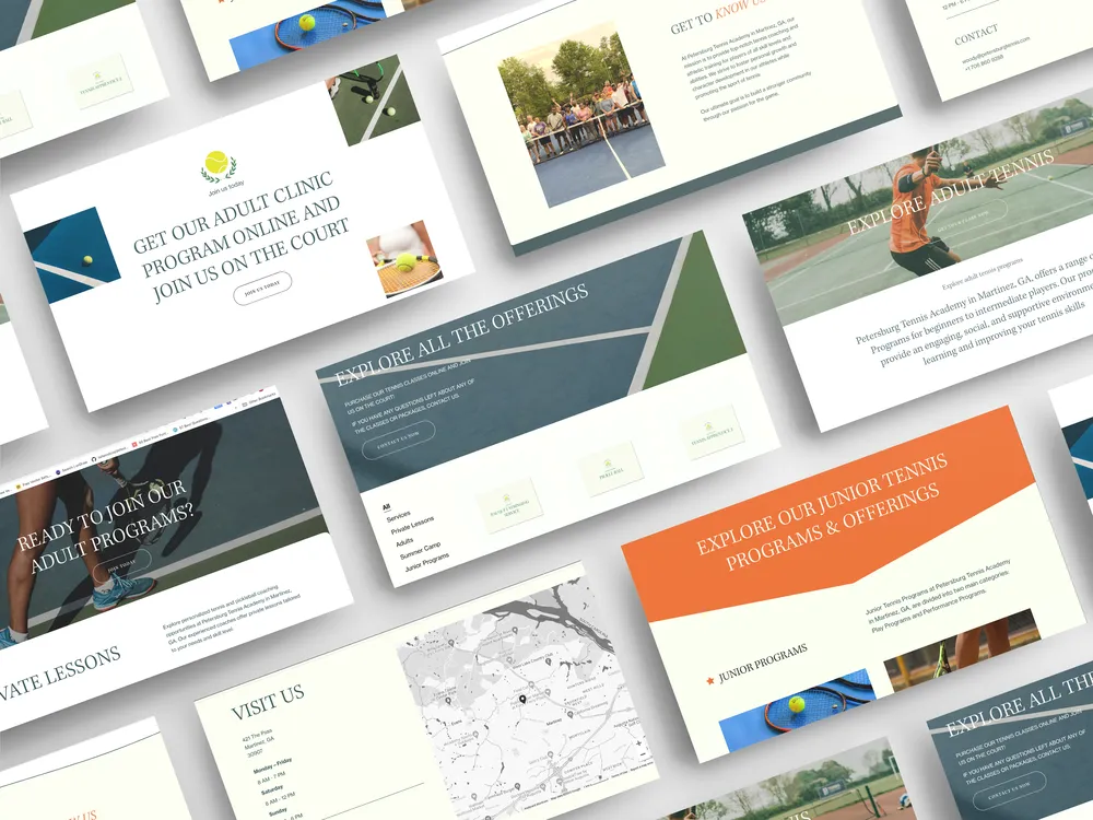 Pages of the Petersburg Tennis Academy website laid out in a grid, in green, cream and orange.
