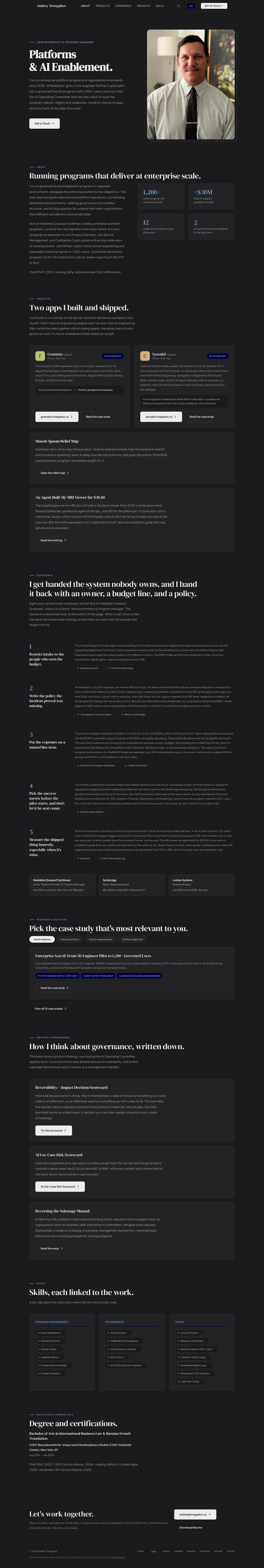 The full troegubov.co home page: about, products, experience, case studies, governance writing, skills and certifications.