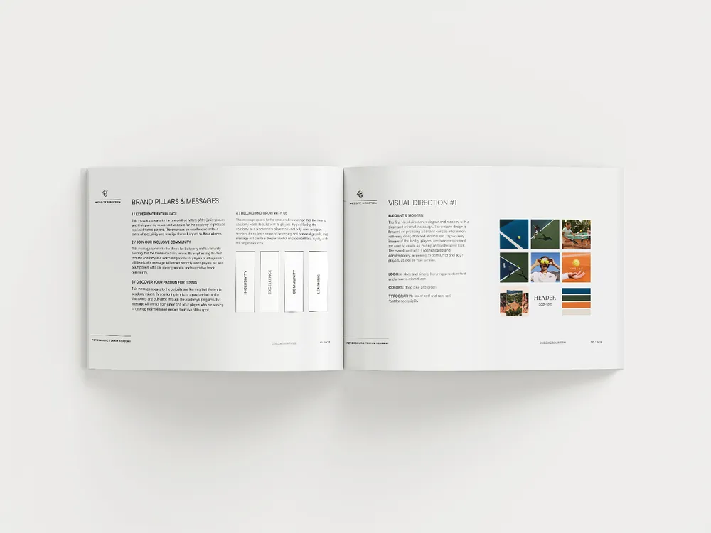 An open brand book showing the academy’s web direction pages.
